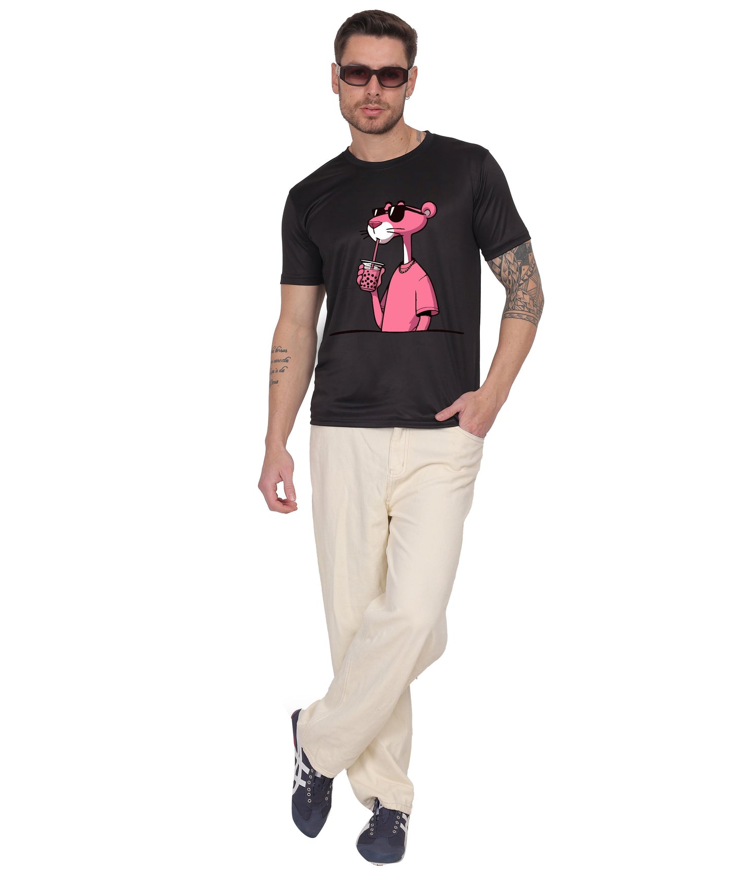 Cool Pink Panther Graphic T-Shirt, Black Cotton, Casual Round Neck