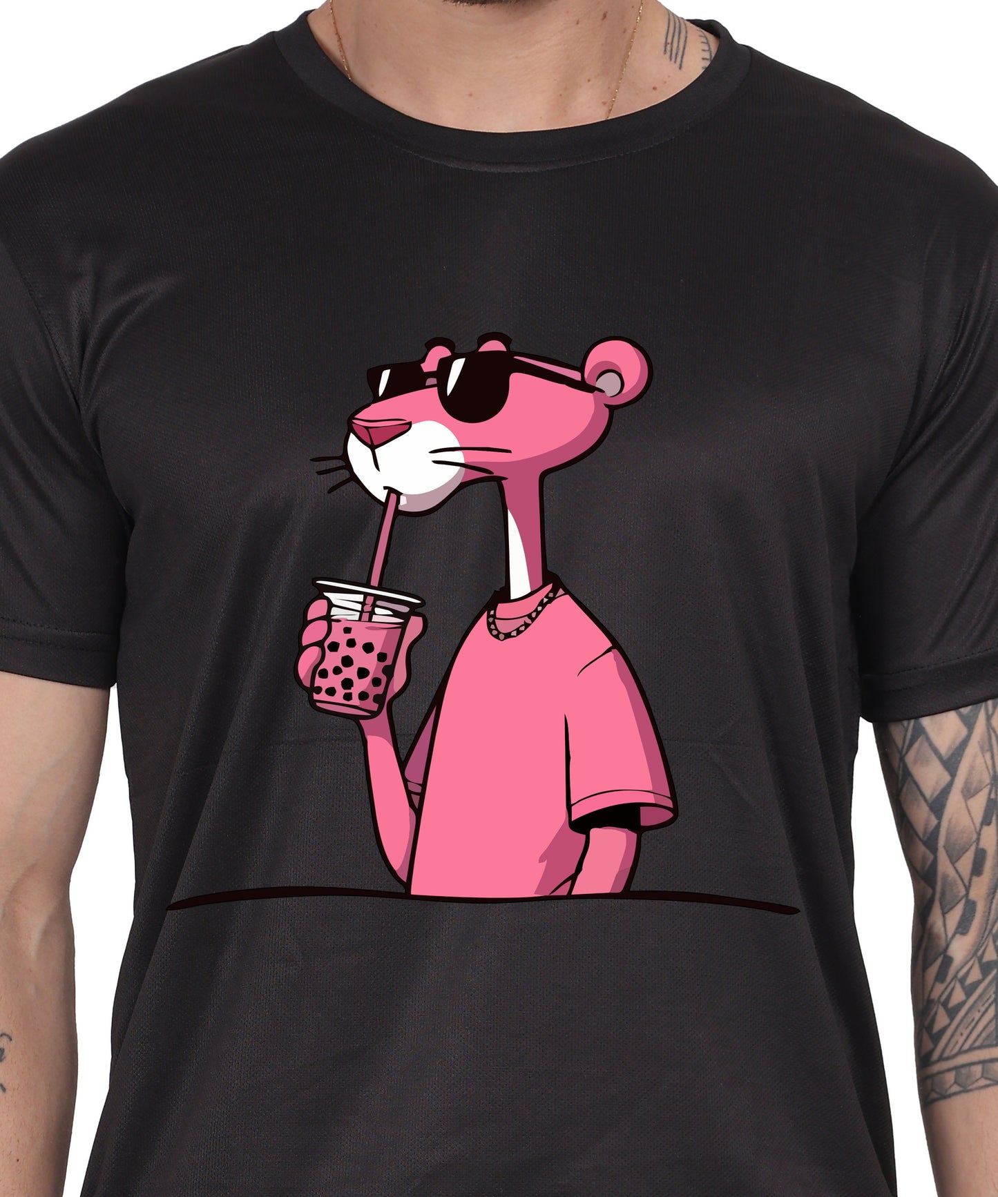 Cool Pink Panther Graphic T-Shirt, Black Cotton, Casual Round Neck