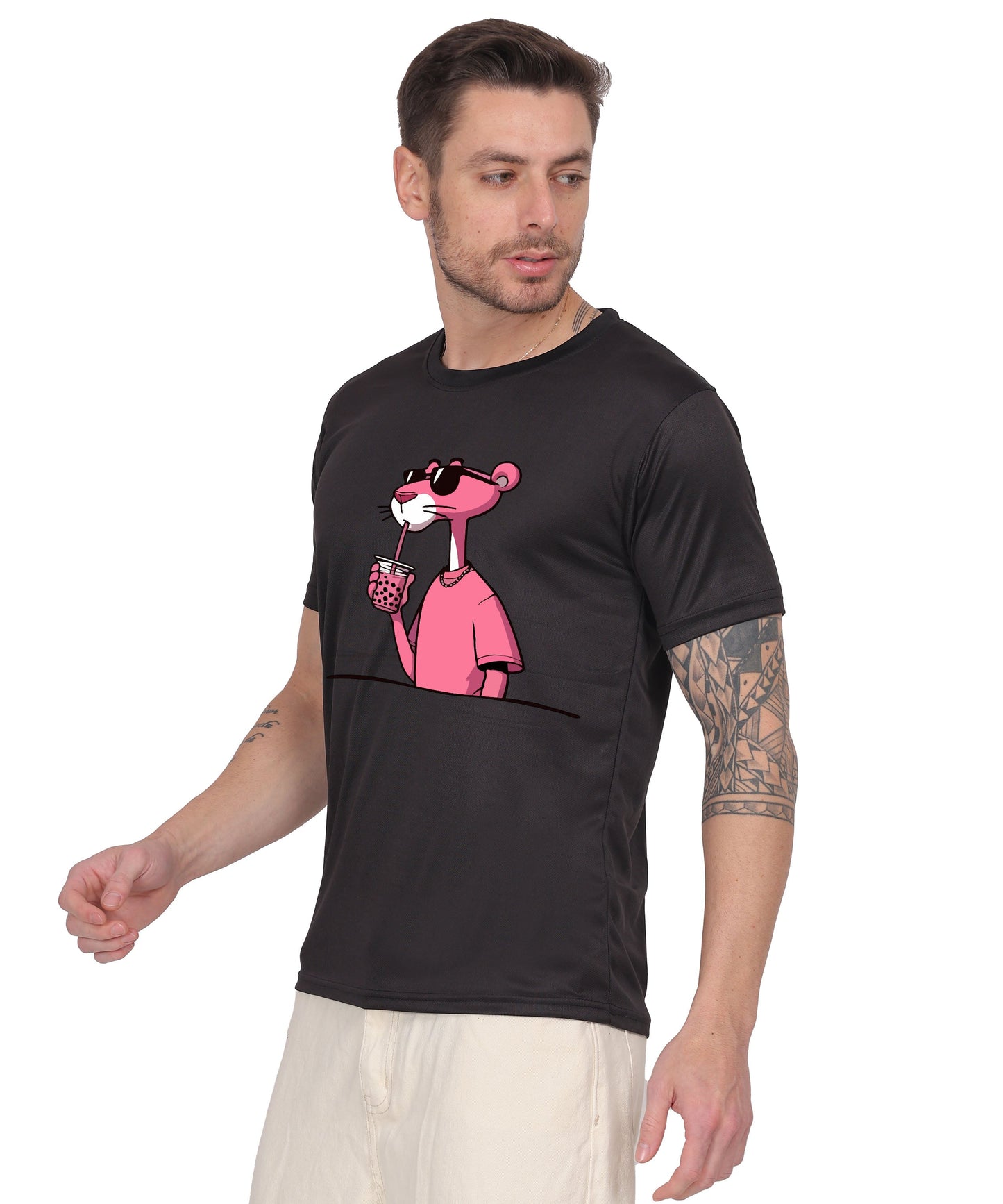 Cool Pink Panther Graphic T-Shirt, Black Cotton, Casual Round Neck