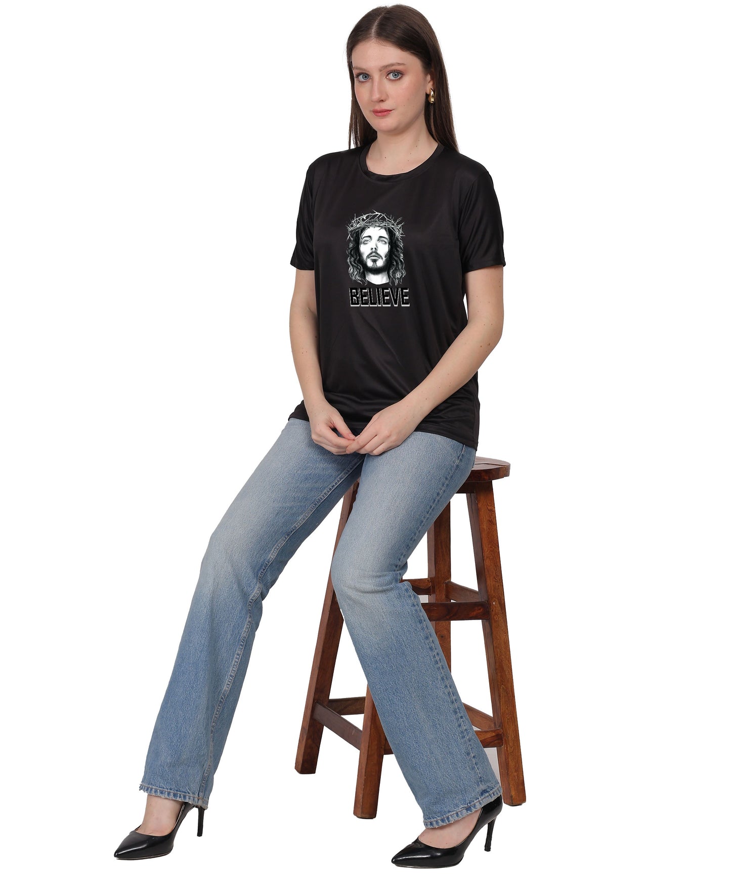 Religious Graphic T-Shirt, Red Cotton Blend, Short Sleeve, Believe Design