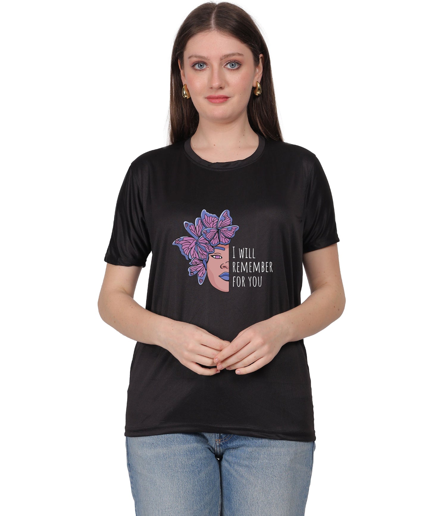 I Will Remember For You Butterfly Design T-Shirt, Black Cotton Blend, Short Sleeve Graphic Tee