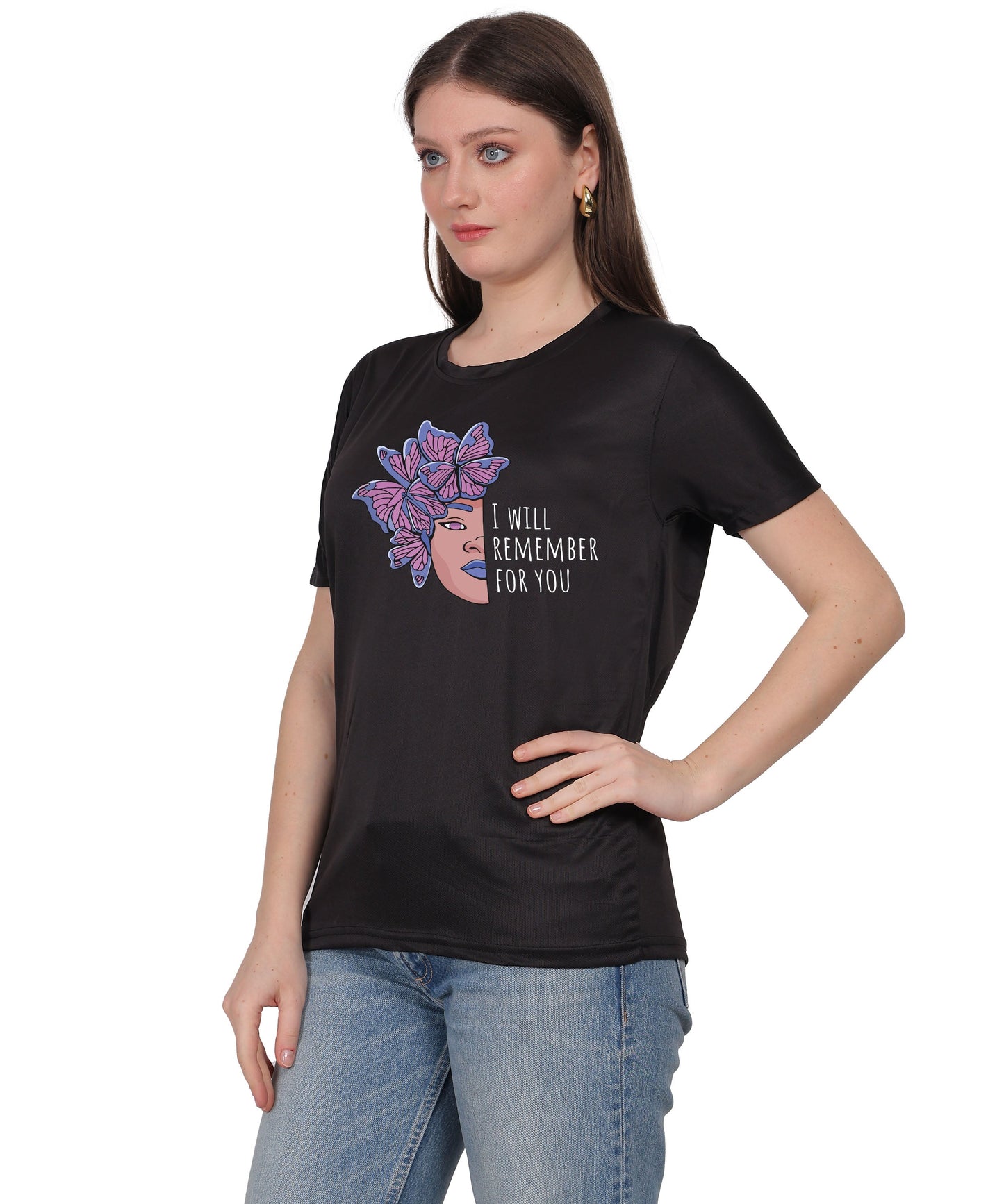 I Will Remember For You Butterfly Design T-Shirt, Black Cotton Blend, Short Sleeve Graphic Tee