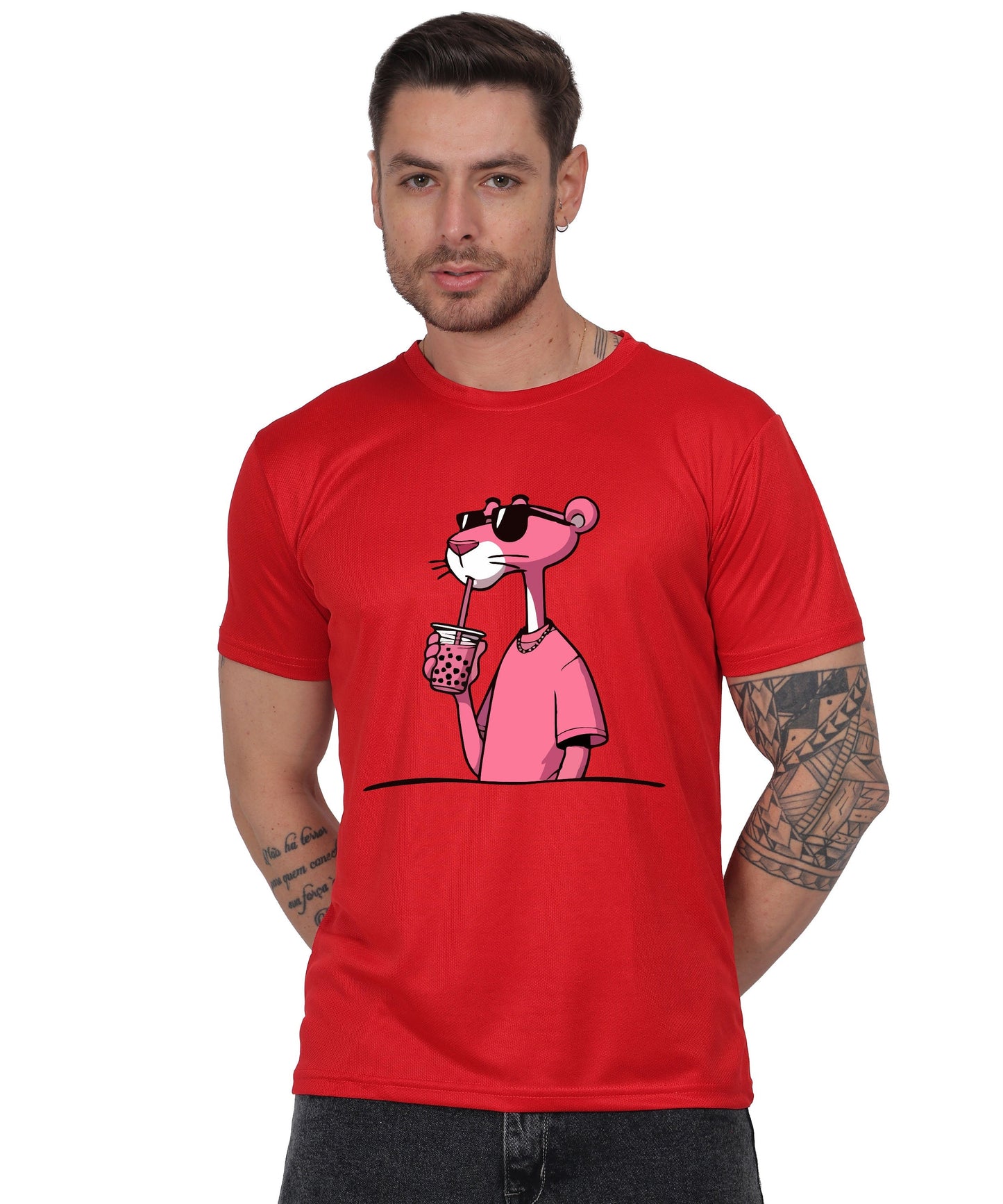 Cool Pink Panther Graphic T-Shirt, Black Cotton, Casual Round Neck