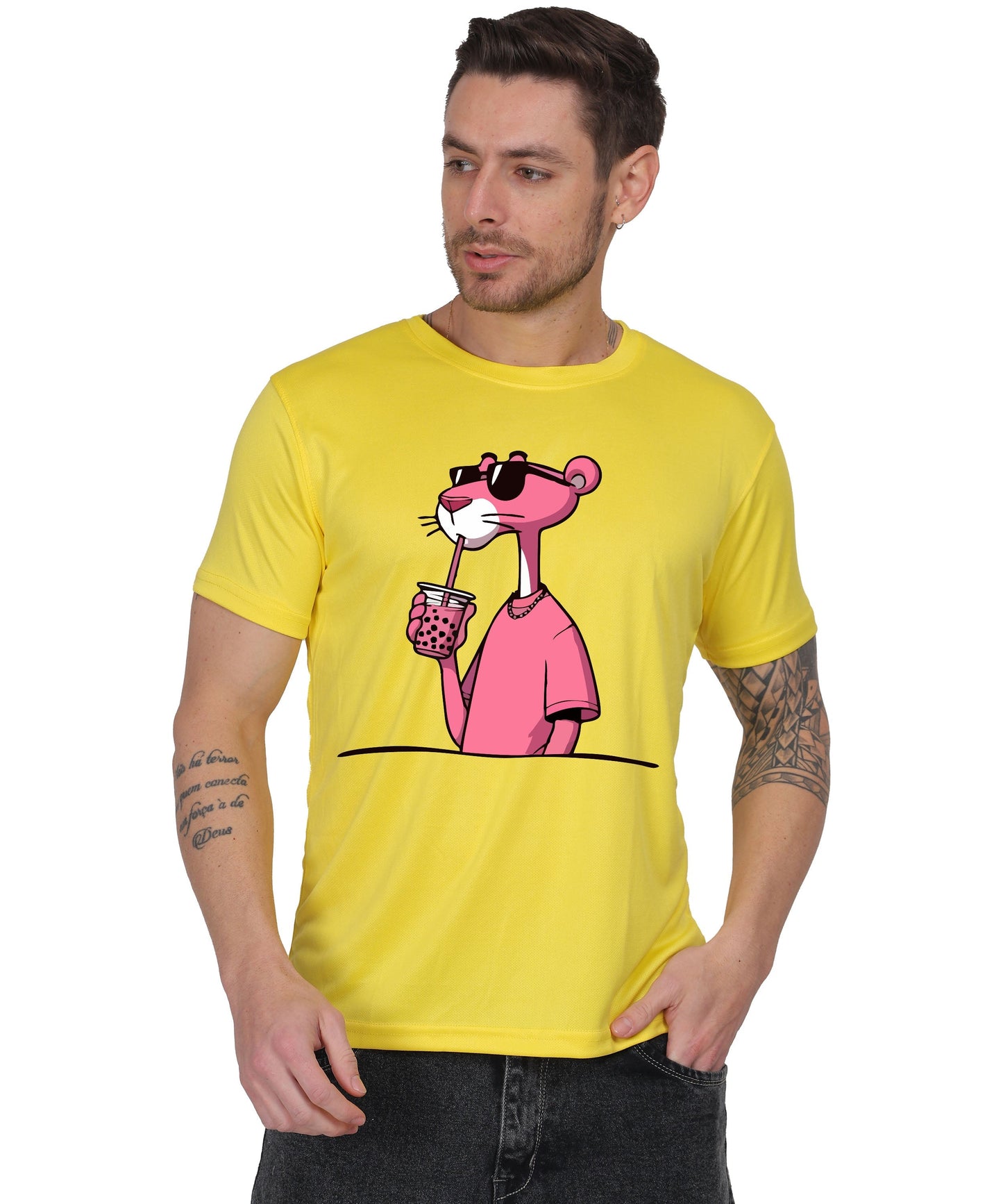 Cool Pink Panther Graphic T-Shirt, Black Cotton, Casual Round Neck